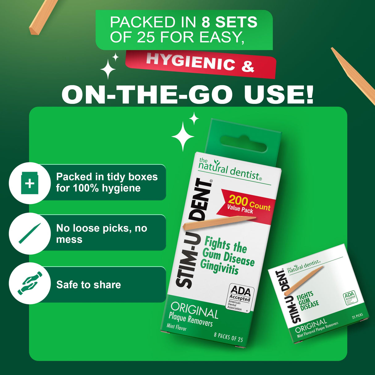 The Natural Dentist Stim-U-Dent Mint Dental Picks, Wooden Toothpicks for Food & Plaque Removal, Travel-Friendly, 24 Packs of 25 (600 Picks)