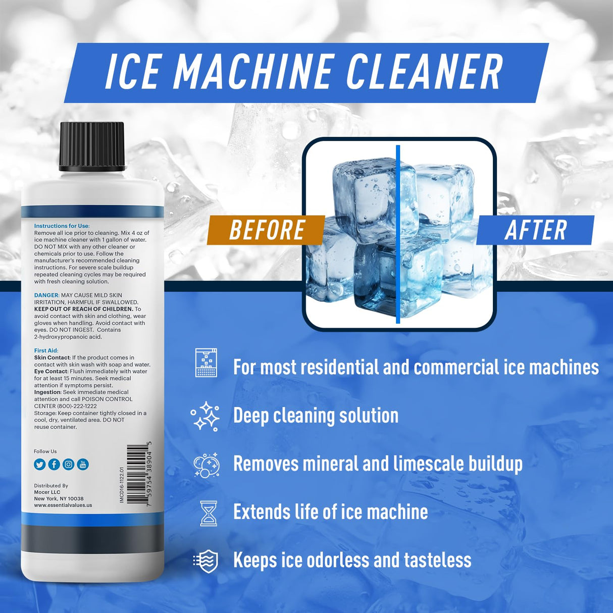 Essential Values 2-Pack Ice Machine Cleaner and Descaler 16 fl oz, Nickel Safe Descaler - Ice Maker Cleaner Compatible with All Major Brands (Scotsman, KitchenAid) - Manufactured in USA