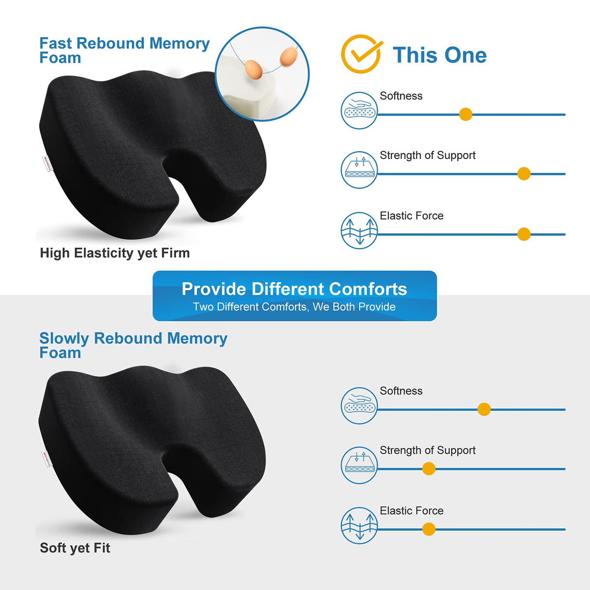 Bomdaia Seat Cushion Pillow for Office Chair, Car Seat Cushion Pad for Desk Chair, Non-Slip Memory Foam Coccyx Seat Cushion for Back, Sciatica & Tailbone Pain Relief (Black)