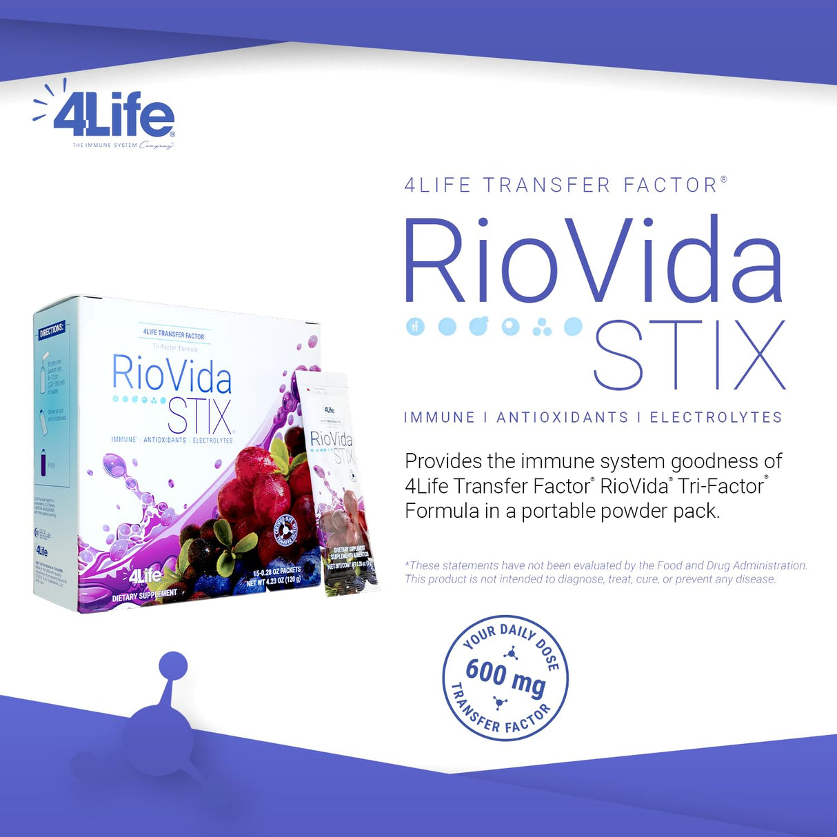 4Life Transfer Factor RioVida Stix Tri-Factor Formula, Supports Immune System with Elderberry, Blueberry, Pomegranate and Acai - 15 Packets