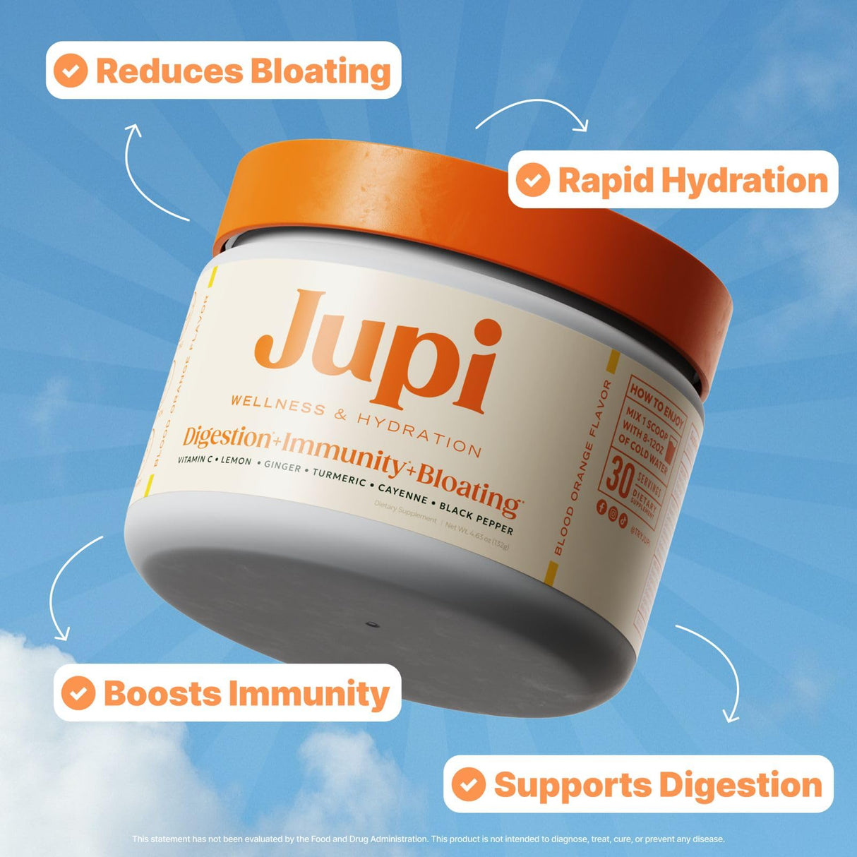 Jupi Hydration & Wellness Powder – Turmeric & Ginger shots, Vitamin C Supplement for Energy, Immune Support & Digestive Health – Vegan, Gluten-Free Drink Mix for Men & Women, Citrus Flavor 30 servings