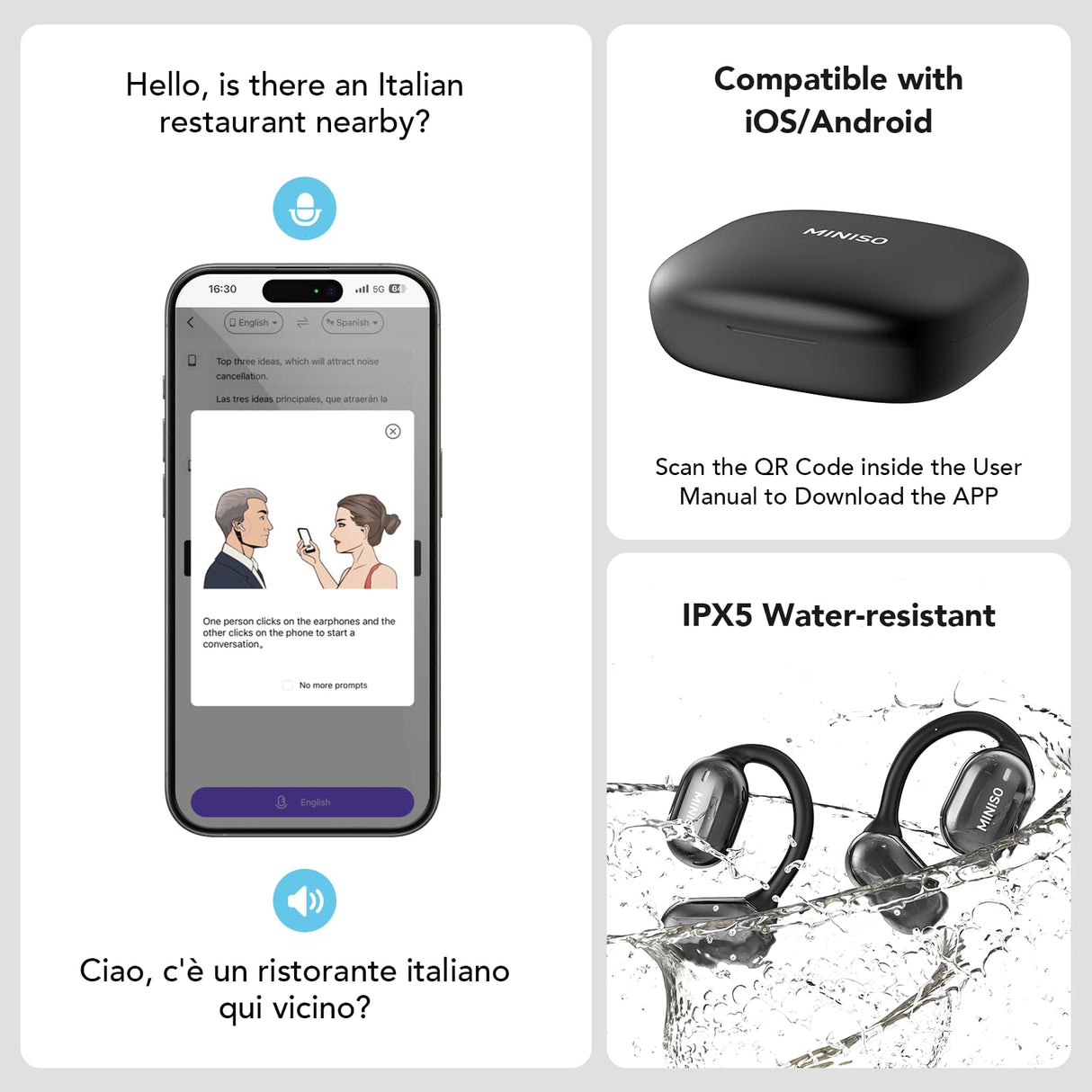 MINISO MS162 AI Language Translation Earbuds Real Time, 3 in 1 Translator Earbuds for 135 Languages, Fit iOS&Android, Bluetooth 5.4 Translation Headphones Devices with APP for Travel Business Learning