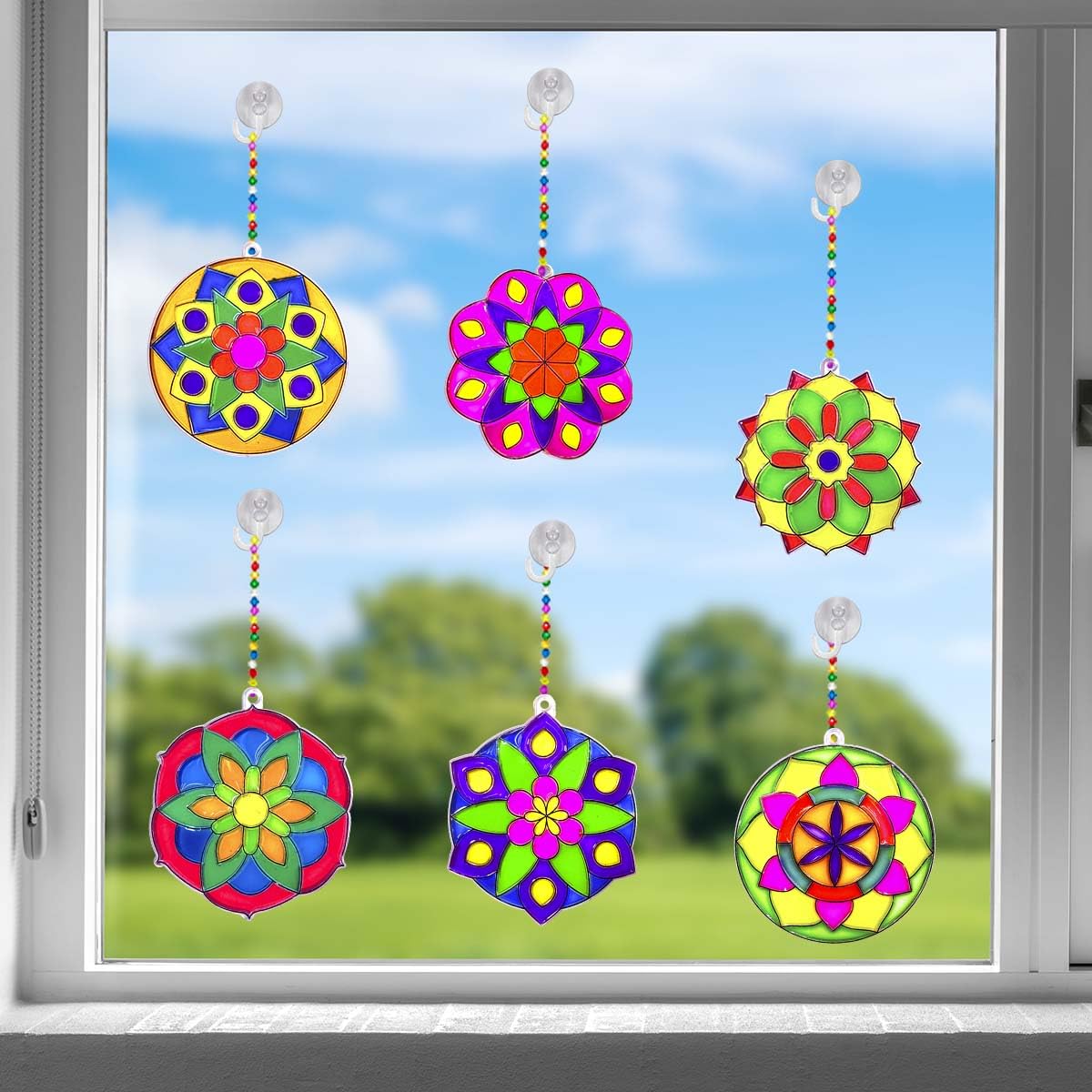 AUEKIV 30 Sets Suncatcher Kit Mandala Suncatchers Window Art Paint Sun Catcher DIY Craft Kits Flower Suncatcher Kit for Summer Decoration Home Activity Art Project Birthday Party Favors