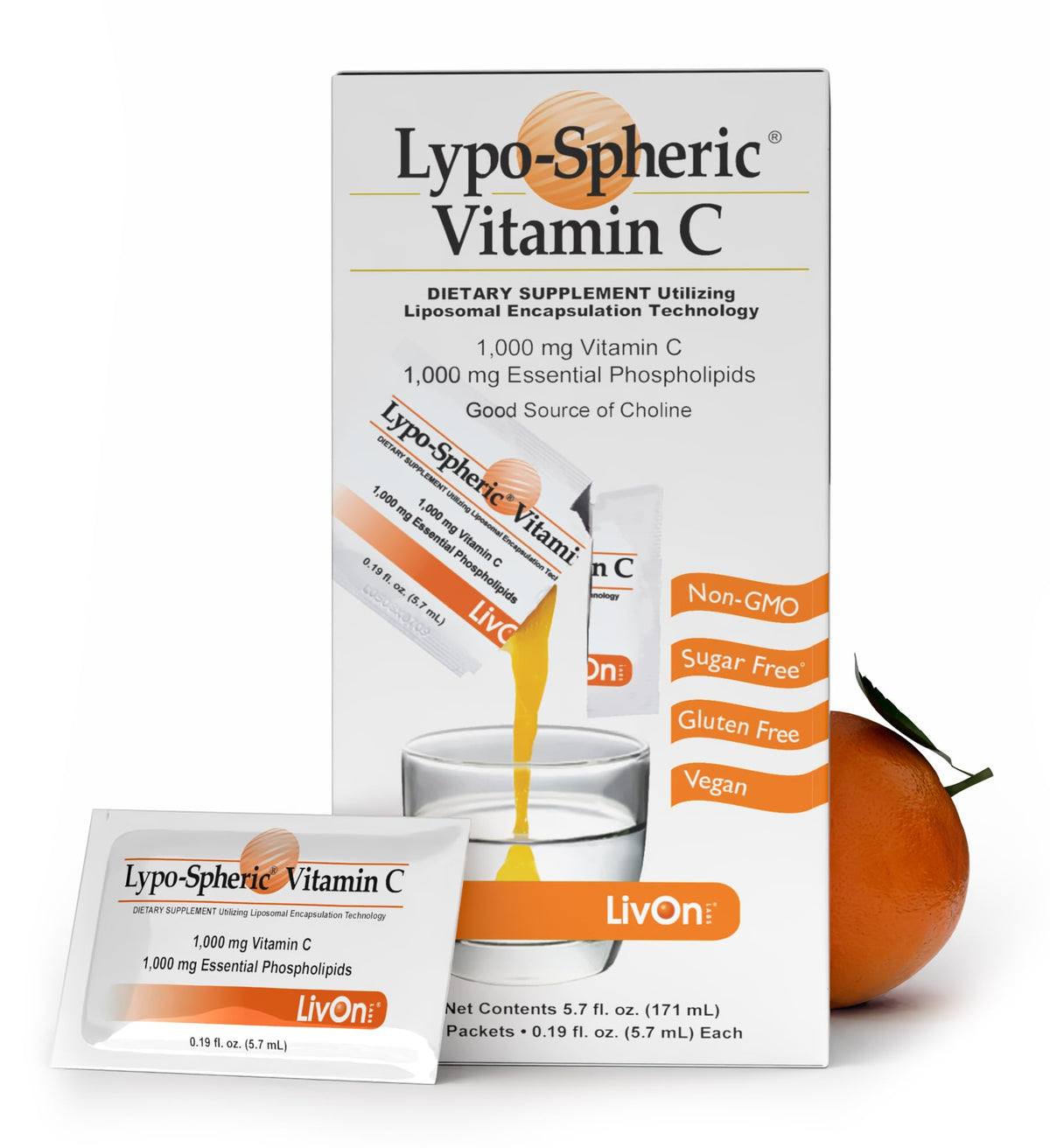 LivOn Laboratories Lypo–Spheric Liposomal Vitamin C 1000mg - No Sugar, Immune Support, Plant Based - Easy to Swallow, Absorbable - Non–GMO, Gluten Free (0.19 fl oz Individual 30 Packets)