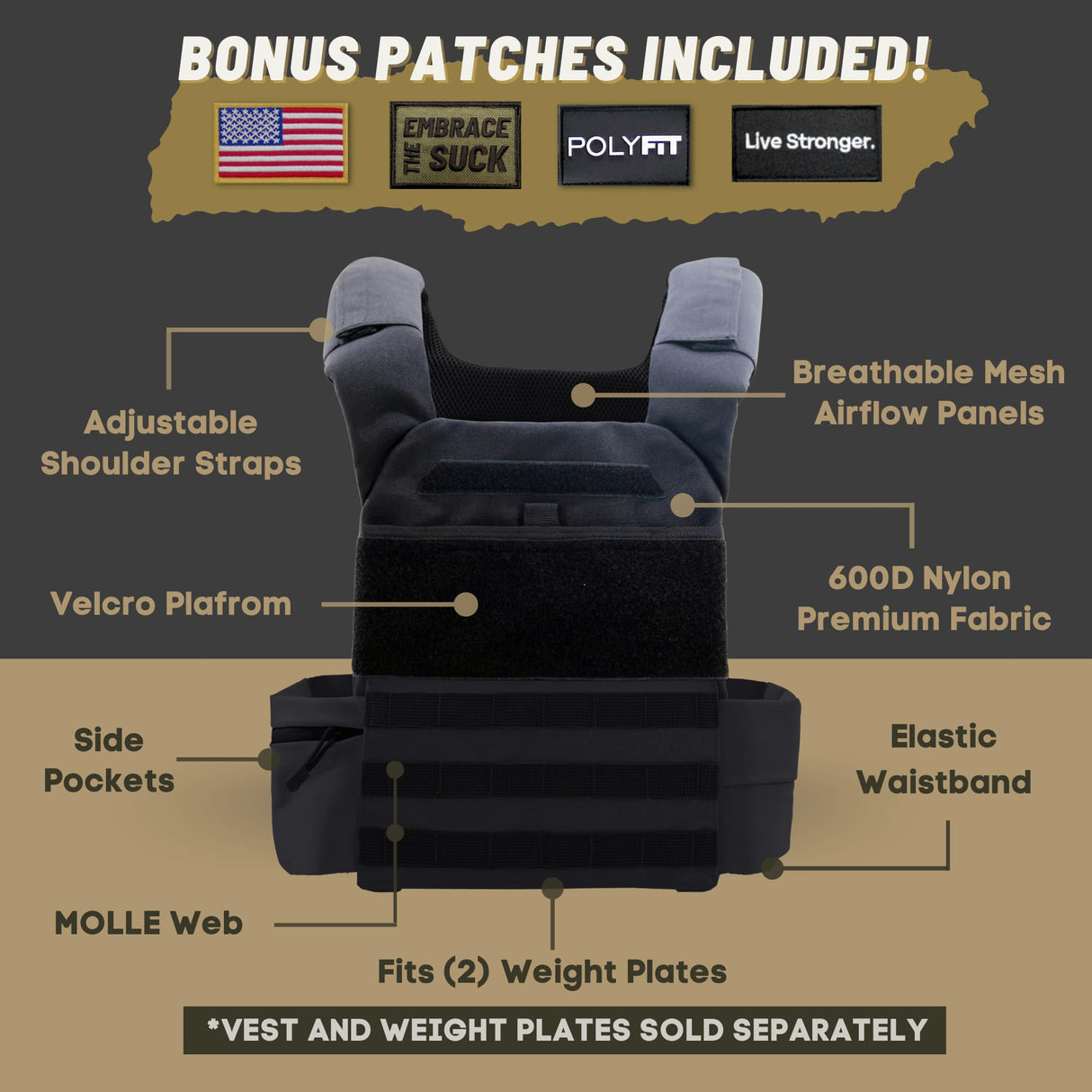 Polyfit (Fortify) Weighted Vest for Strength and Endurance Training, Fitness Workouts, Running, WODs - BLACK