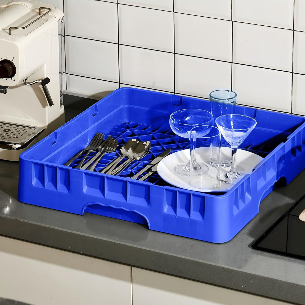 Aurelema 1 Pack Commercial Dishwasher Tray Rack Polypropylene Full Size Flatware Rack for Bowls Plates Knives Forks Cups (Basic,Blue)