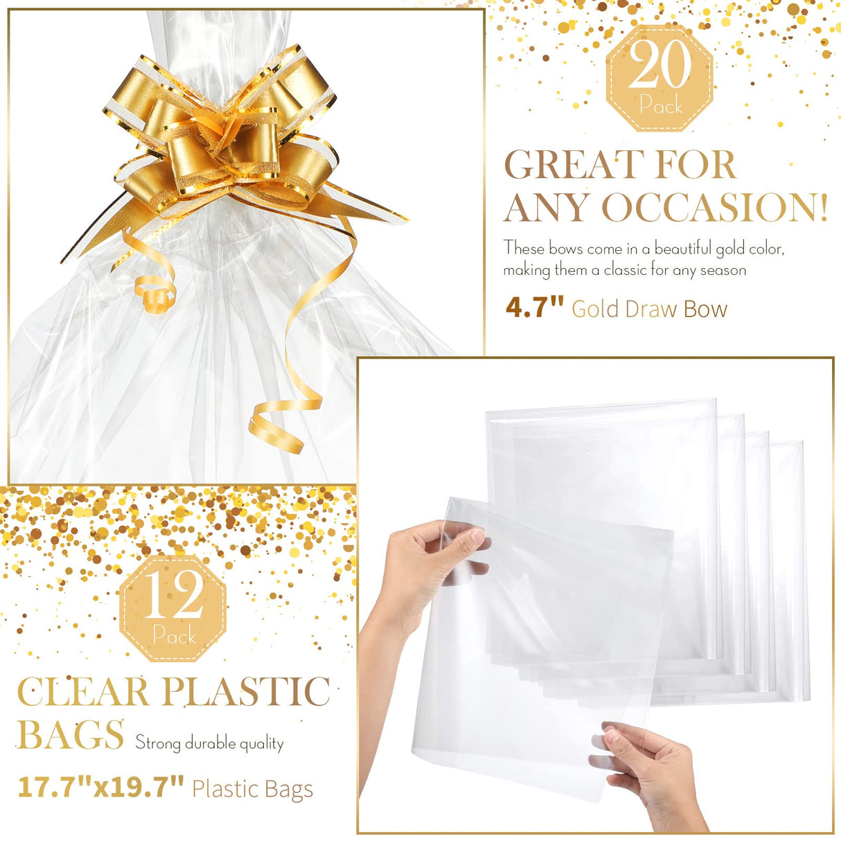 Thenshop 44 Pcs Basket for Gifts Empty Gift Basket Bulk Include 12 Cardboard Tray 12 Plastic Bags and 20 Pull Bows for Christmas Fall Halloween Birthday Wedding Party DIY Wrapping(Solid,Khaki)