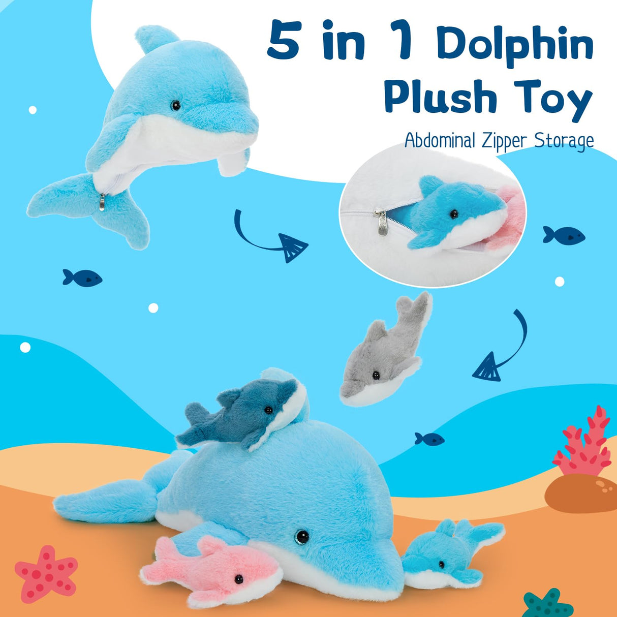 Tezituor Dolphin Stuffed Animal with 4 Babies, 20.5" Large Dolphin Plush Toy Realistic Ocean Stuffed Animals Soft Plushies Home Decor Christmas Birthday Gifts for Boys Girls Kids