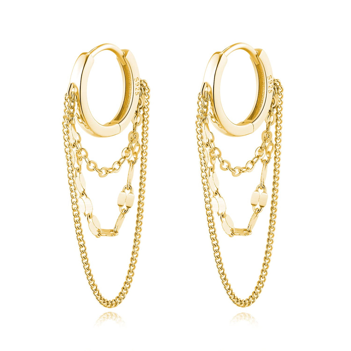 Reffeer Solid 925 Sterling Silver Chain Drop Earrings Hoop for Women Teen Girls Hoop Earrings Tassel Chain Huggie Dangle Earrings (B-18K Gold Plated)