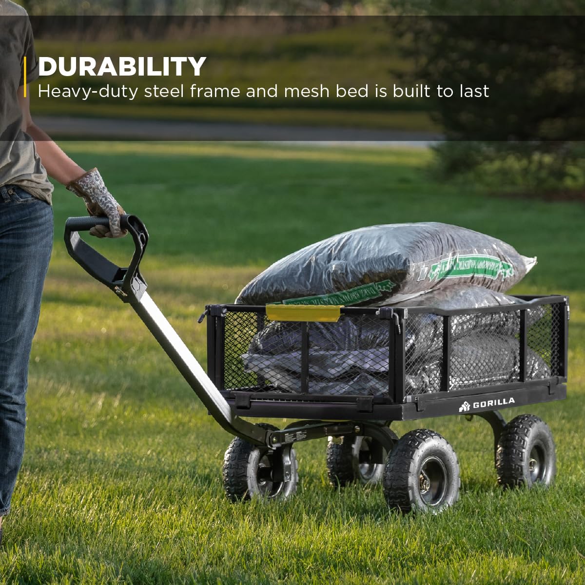 Gorilla Carts Steel Utility Cart, 4 Cu Ft Bed, 900 lb Load Capacity, Black – Towable Heavy-Duty Outdoor Hauling Wagon with Removable Side Panels for Yard, Lawn, Garden or Landscaping