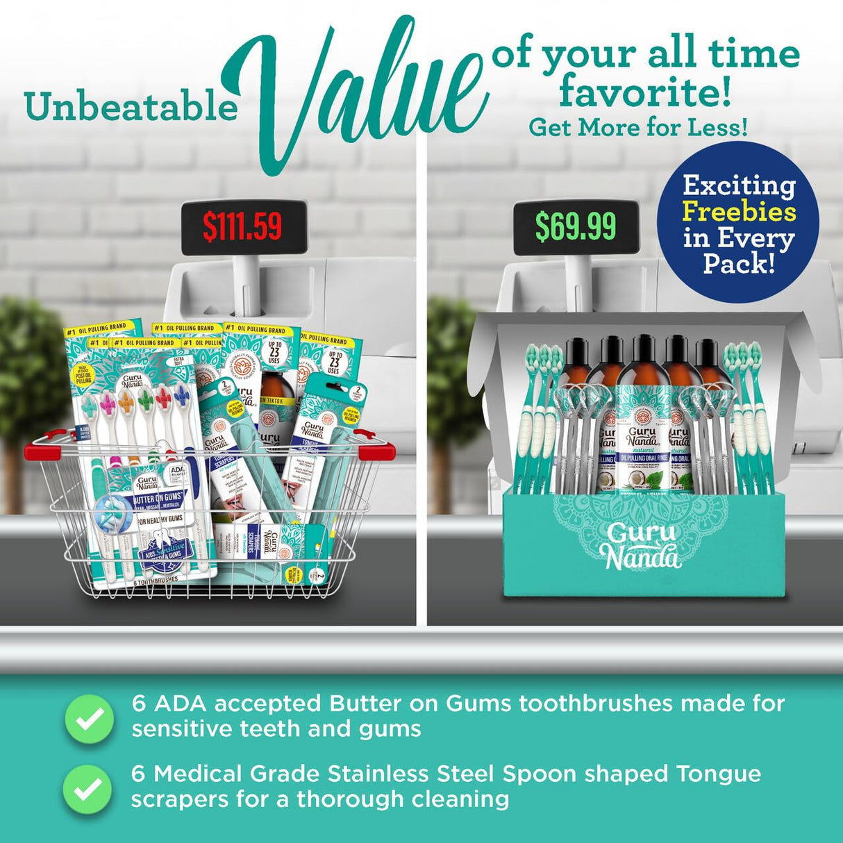 GuruNanda CocoMint Oil Pulling Mouthwash for Complete Oral Hygiene, 7 Essential Oils & Vitamins for Happy Teeth & Gums & Fresh Breath, Alcohol-Free, 6X8 oz