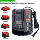 V20 Battery Fast Charger CMCB104 Replacement for Craftsman V20 20V max Lithium Battery Charger for CMCB201 CMCB202 CMCB204 CMCB205 CMCB206, with 2 USB Ports