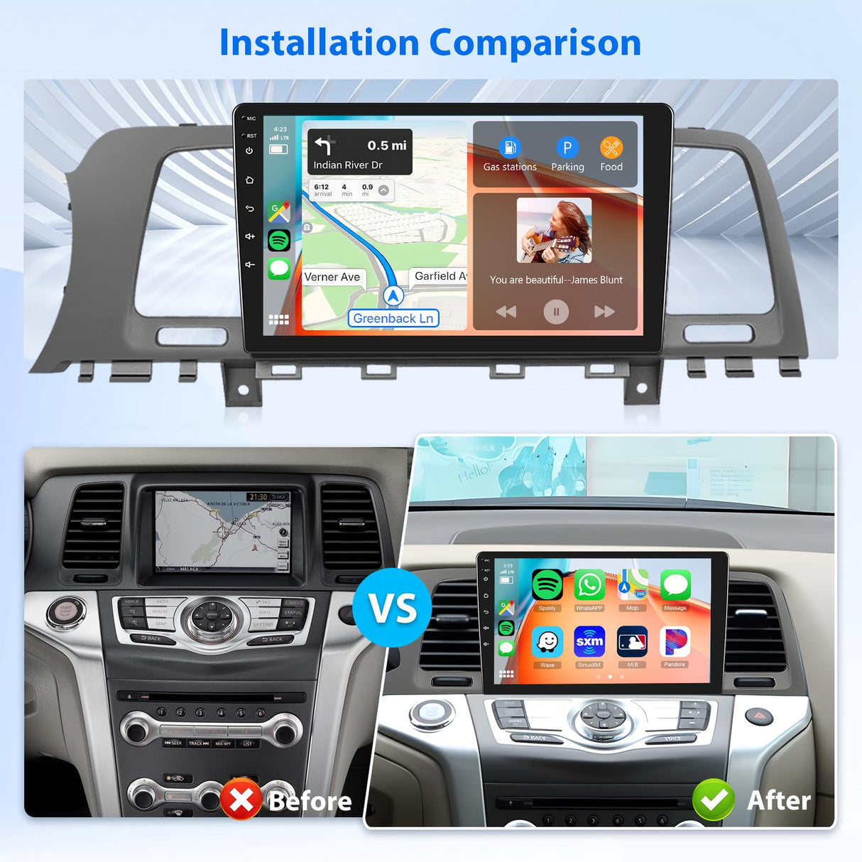 2+64G Android Car Stereo for Nissan Murano 2008-2014(LHD) Wireless Carplay Android Auto Car Radio, 9 inch Touch Screen Head Unit with Bluetooth Mirror Link WiFi GPS FM RDS EQ Backup Camera SWC MIC