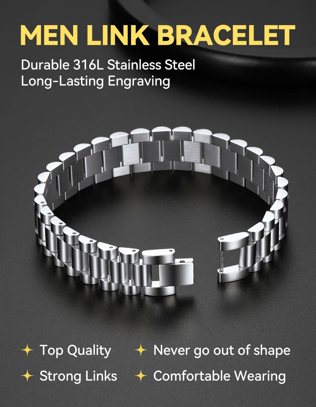 ChainsHouse Men Stainless Steel Bracelet Silver Adjustable Custom Engraved