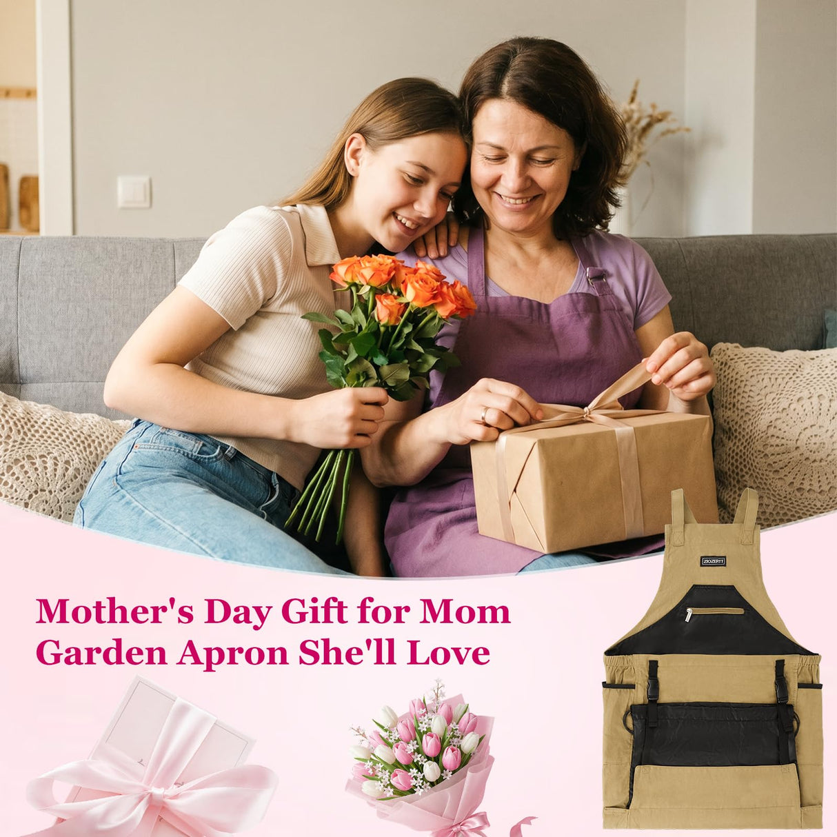 ZIOZERTT Garden Apron,Harvest Apron with Drawstring Bag and Pockets for Women and Men,Canvas Gardening Tool Belt, Gardening Gifts for Mom,Dad,Brown