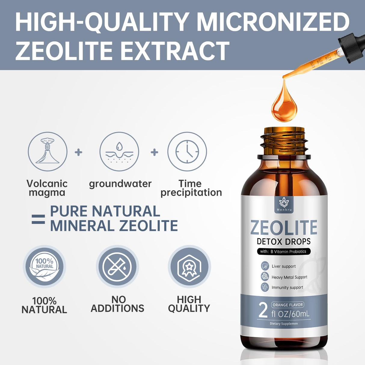 Zeolite Drops for Adults and Kids – 99%+ Pure Natural Zeolite clinoptilolite, with Vitamin B, Probiotic Blend, Vegan, Non-GMO - Supports Immune Health, Supplement Energy and Attention - 2 Fl Oz