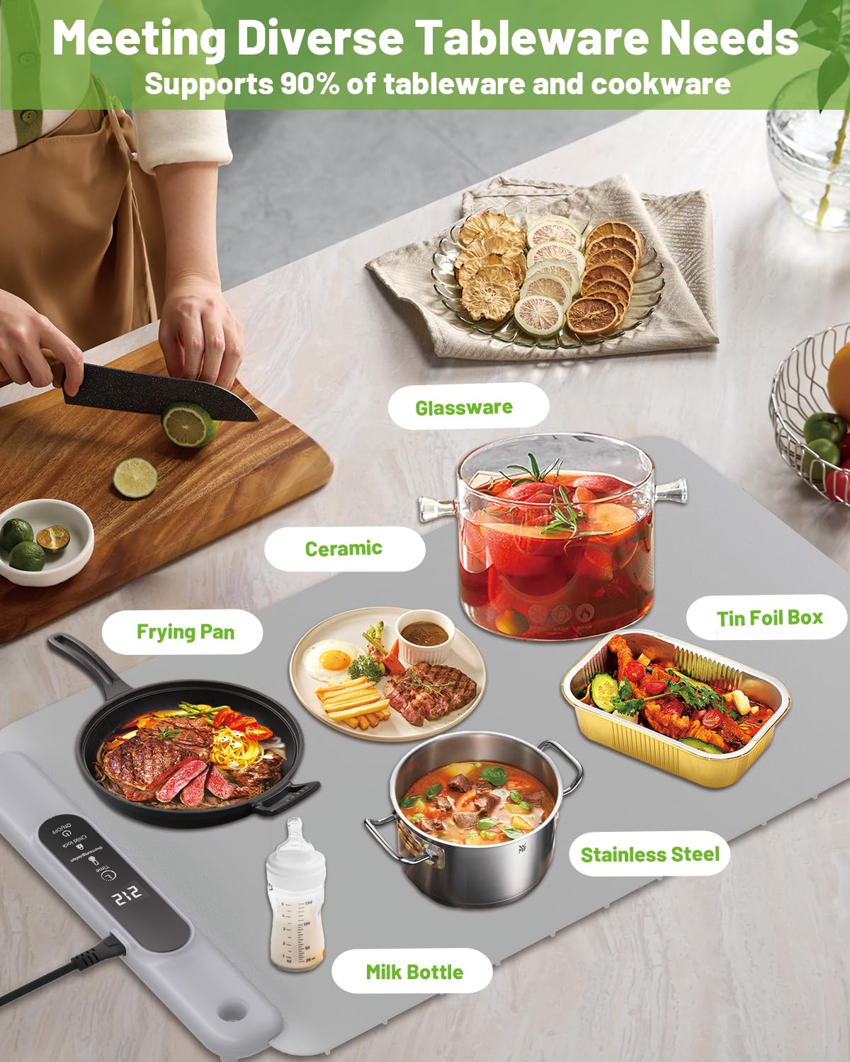 Food Warming Mat Electric Tray: YTLAD Silicone Heating Pad with 6 Level Adjustable Temperature and 5 Hours Timer & Family Lock, Foldable Food Warmers for Parties, Daily Use (Grey, 25.6" x 15.55")