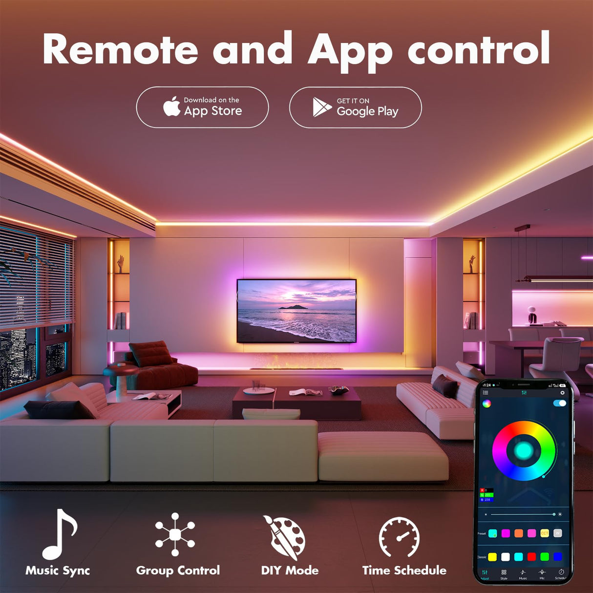 ATHONO Led Lights for Bedroom 100FT Smart IC+RGB, Music Sync Color Changing Strip Lights, 24Key Remote+App Control Light Strip for BedHead,Underbed,Ceiling,Background Wall(2Rolls of 50FT)