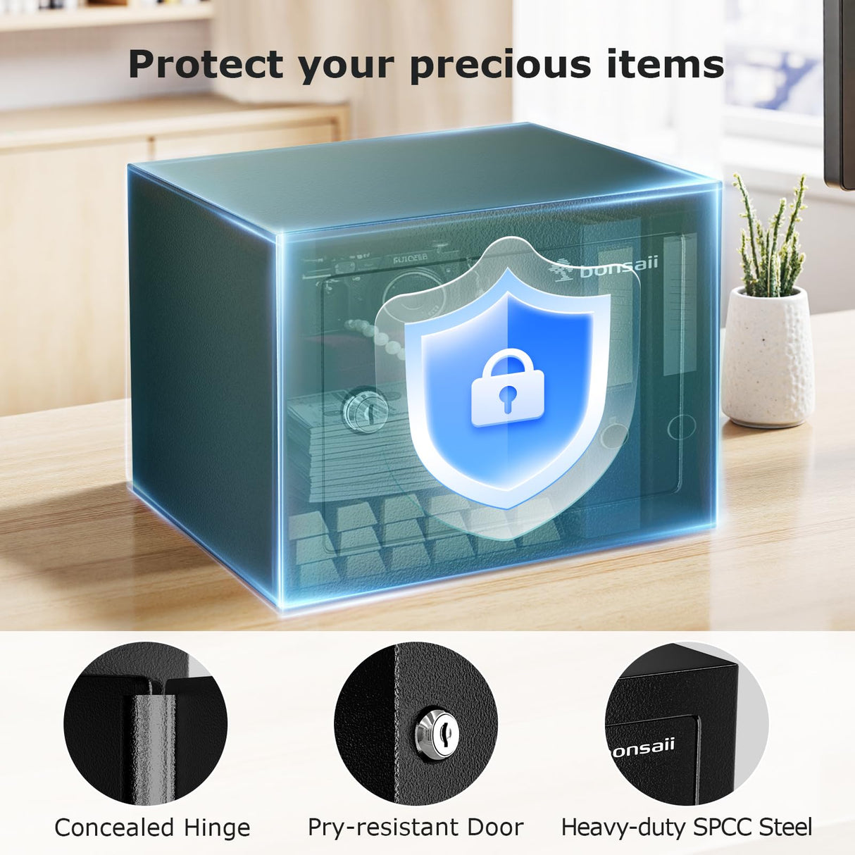 Bonsaii Safe Box with Key Lock, Steel Security Lock Box, 0.23 Cubic Feet, 9.06" W x 6.69" D x 6.69" H, Small Hidden Safe for Cash Jewelry