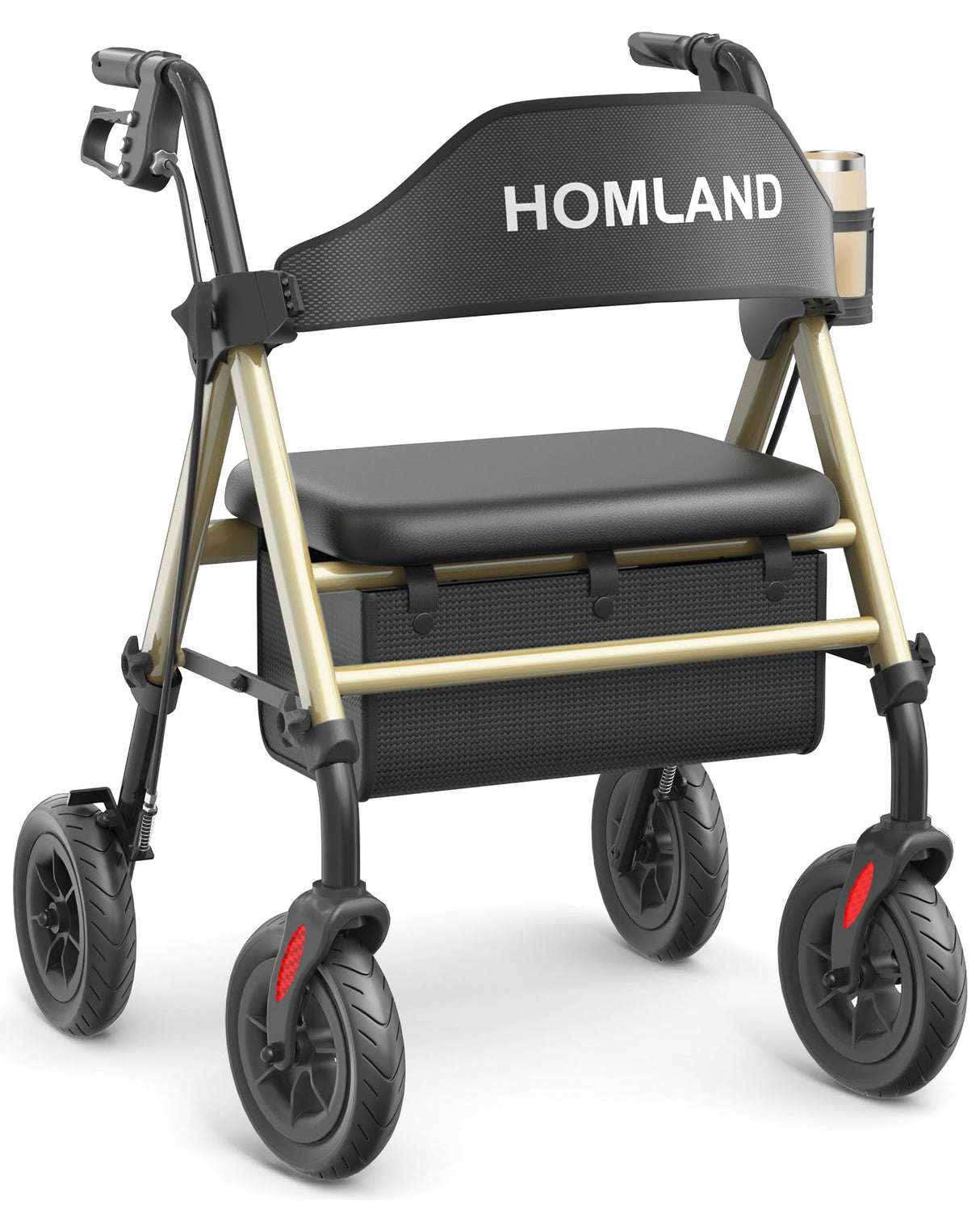 HOMLAND Walkers for Seniors with Seat, Foldable Rollator Walker, Reinforced Aluminum Frame, 8" Big Rubber Wheels for All Terrain, Height Adjustable Lightweight Rolling Walker