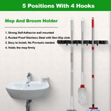 voze 5 Racks and 4 Hooks Mop and Broom Holder Wall Mount, Self Adhesive Heavy Duty Broom Hanger Organizer Storage Tool Racks for Kitchen Garden Laundry Garage Black
