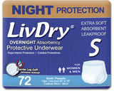 LivDry Adult S Incontinence Underwear, Overnight Comfort Absorbency, Leak Protection, Small, 72-Pack