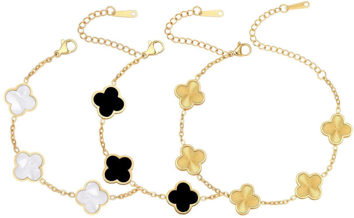 iGenztech (Sturdy Version) 18K Gold Plated Bracelets for Women Men (Double Sided) Four Leaf Clover Cute Trendy Lucky Braclet (Adjustable) Fit Wrist Within 8 Inch, Gold White Black Green Blue Red Pink