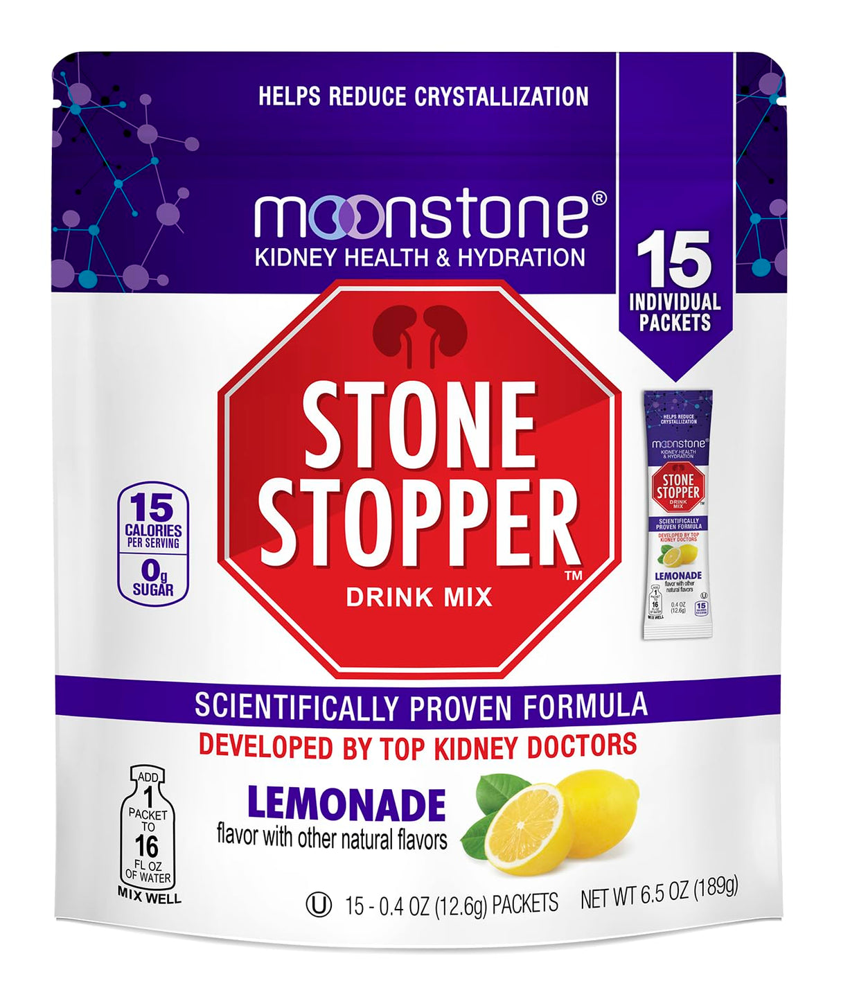 Stone Stopper Drink Mix, Lemonade, Kidney Stone Prevention, Calcium Oxalate Protector, Alkali Citrate Support, Developed by Urologists to Improve Hydration and Support Kidney Health, 15 Day Supply