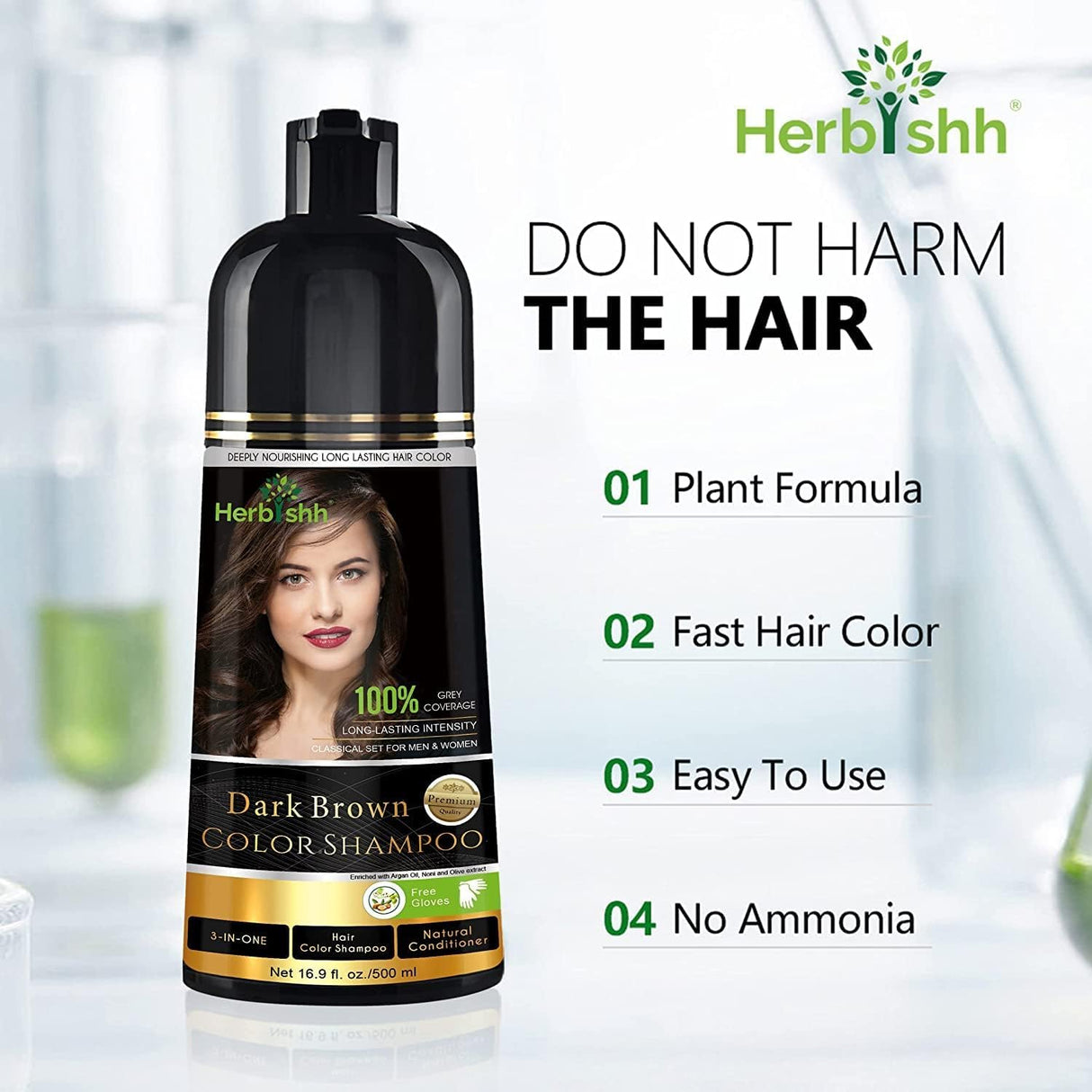 Combo Pack - Herbishh Dark Brown Hair Dye Shampoo + Argan Intense Hair Mask - Stimulates Dry, Frizzy Hair - Long-lasting Color in Minutes - 500ml