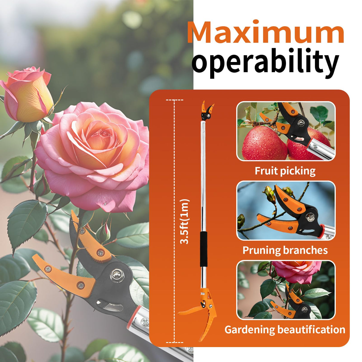 3.5 ft (1.0m) Cut & Tree Trimmer for Precision Gardening Pruning & Fruit picking, 40 in Long Reach Pruning Shears - Lightweight Aluminum Rust-Resistant Picker, Branch Bypass Loppers(1/2" Max Cut)