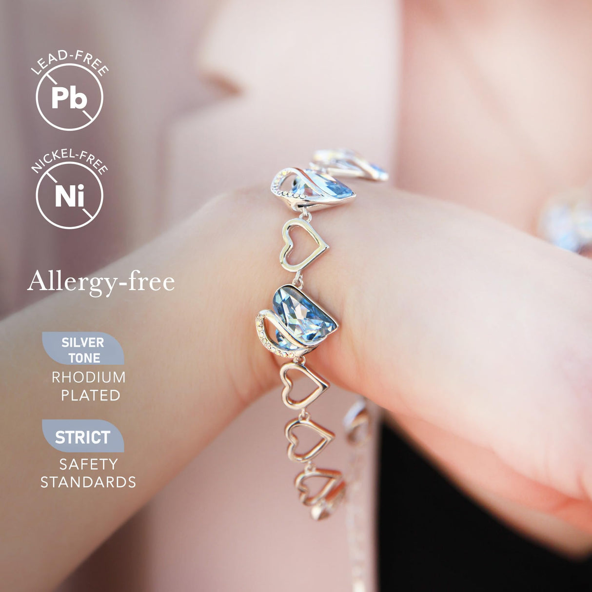 Leafael Infinity Love Heart Gift Bracelet for Women, March & December Birthstone Crystal, Light Sapphire Blue, Silver Tone Birthday Jewelry for Her, Mom, and Wife, 7-inch Chain and 2-inch Extender