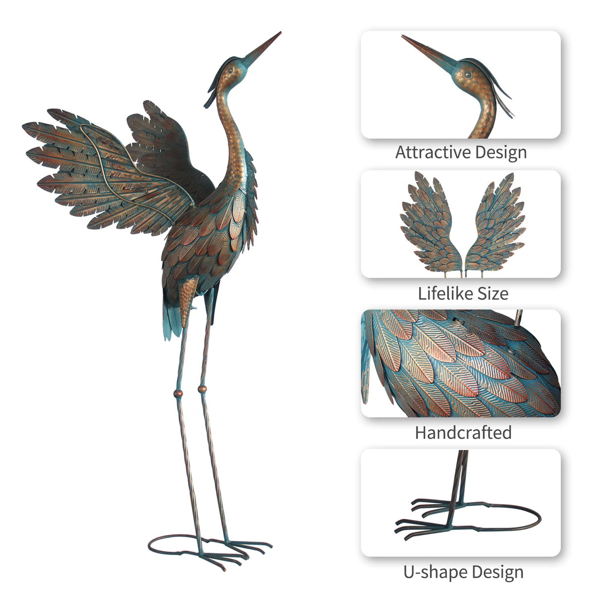 Oritty Crane Statues for Garden Decor, Metal Crane Yard Art Statues, Standing Heron Garden Sculptures & Statues for Outdoor Decorations, 38-42 Inch Set of 2, Copper
