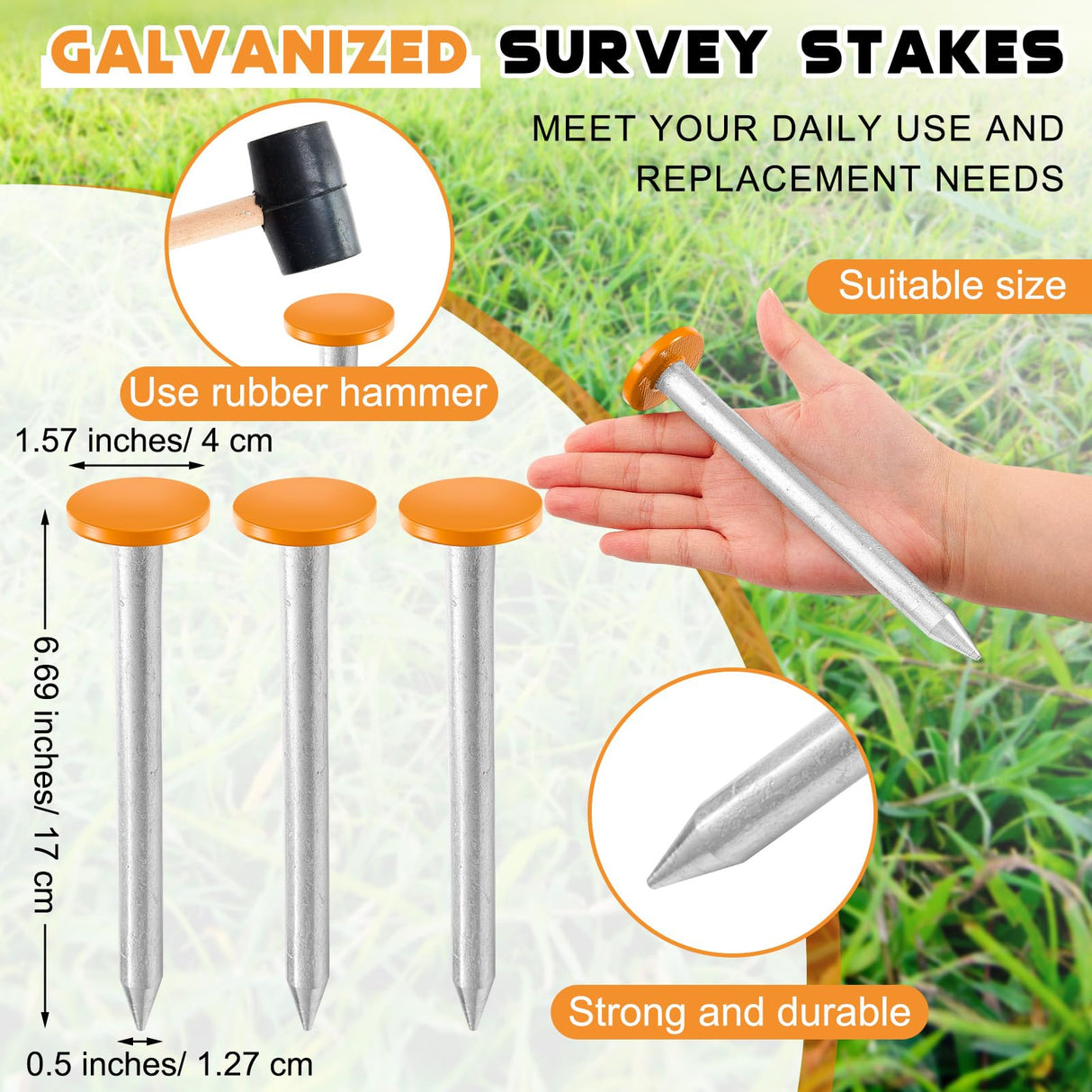 Silkfly 8 Pcs 6.7 Inch Survey Stakes Property Line Markers Low Profile Heavy Duty Hi-vis Orange Stakes Building Line Marker for Garden Lawn Landscape Edging Weed Barriers