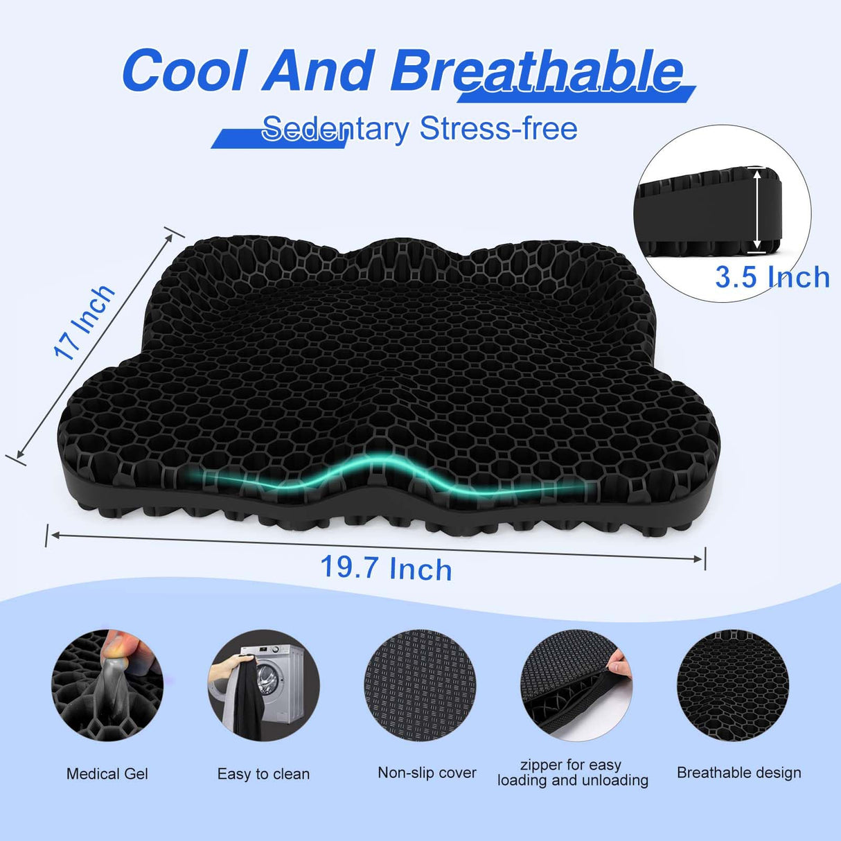 Airllantry Thicken 19.7in Seat Cushion, Gel Seat Cushion for Long Sitting–Office Chair, Wheelchair, Car Cushion, Large Cooling Pad for Back Pain, Sciatica, Tailbone Pain Relief