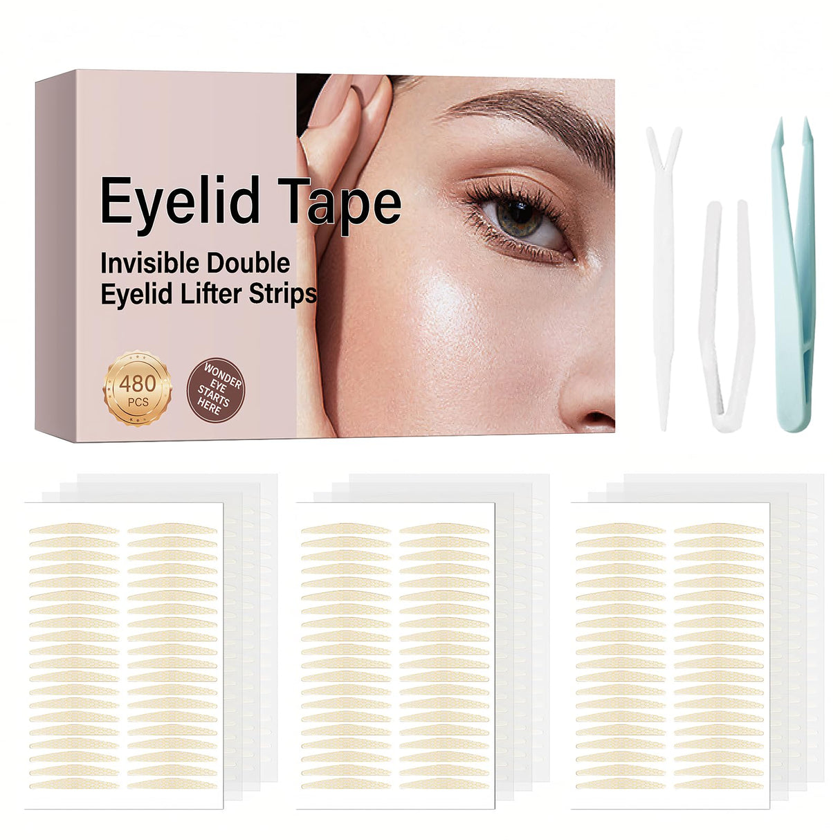 480Count Eyelid Tape, Eyelid Lifter Strips, Eyelid Tape for Hooded Eyes Invisible, Instant Surgery-Free Eye Lift for Uneven or Single Eyelids, Say Goodbye to the Hood, Sagging Eyelids
