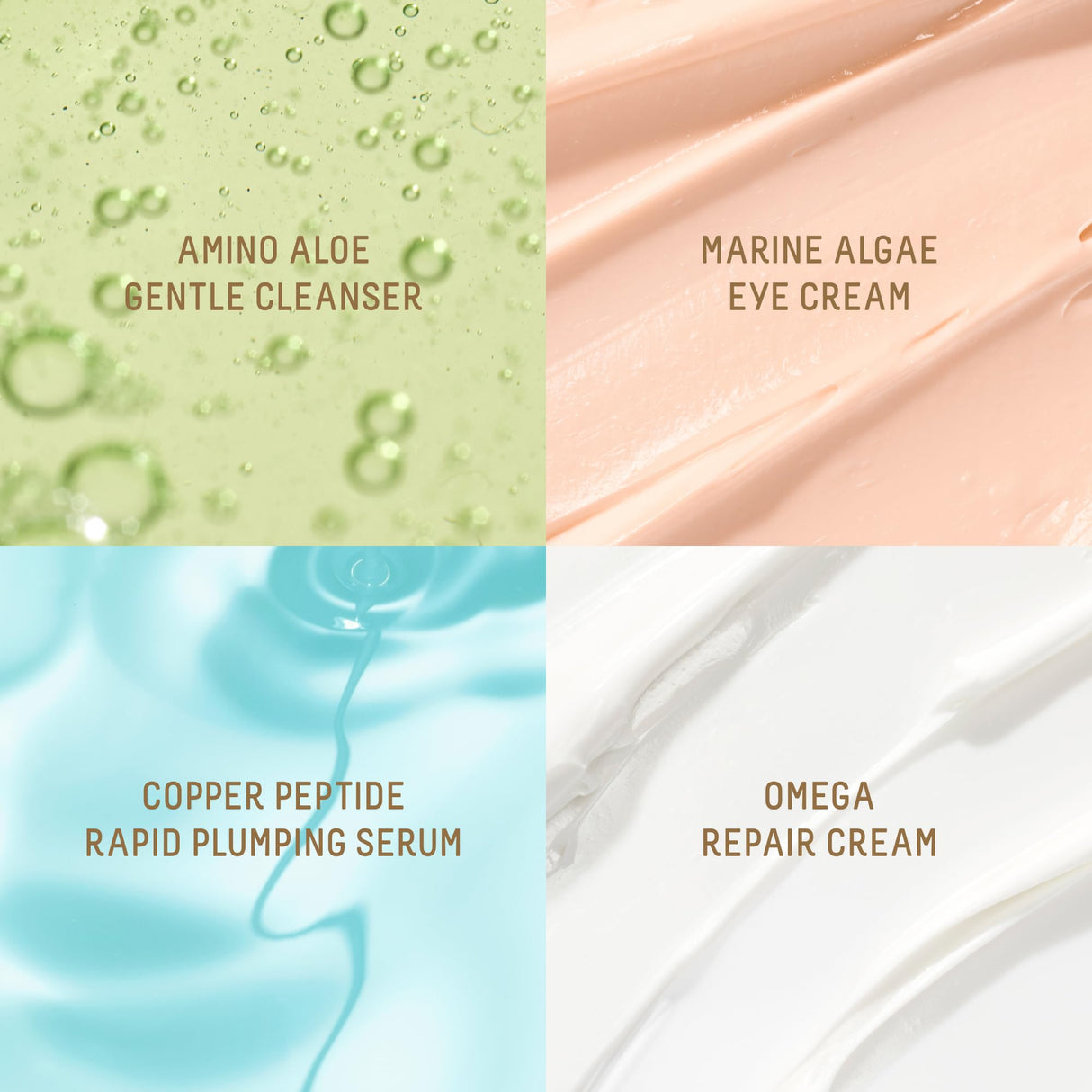 Biossance Plump and Hydrate Skincare Set - Amino Aloe Gentle Foaming Cleanser, Marine Algae Eye Cream, Copper Peptide Rapid Plumping Serum & Omega Moisturizer For Face Lock In Hydration For Your Skin