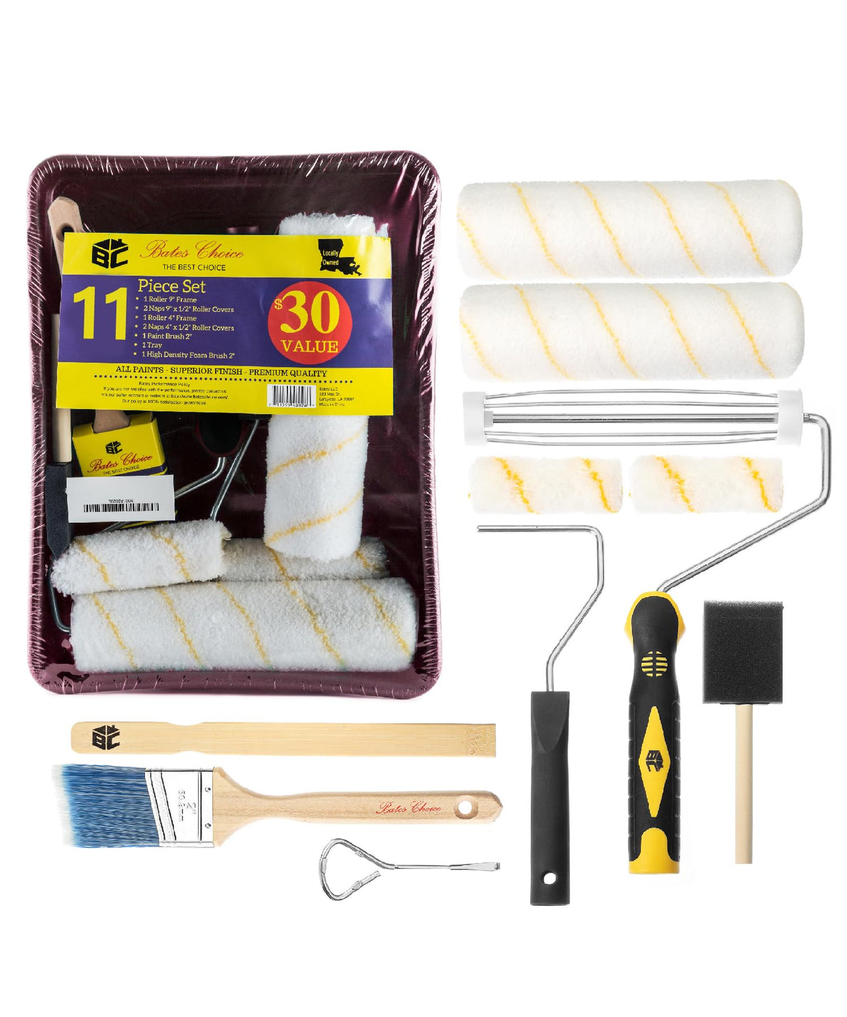 Bates Choice Paint Tray Set, 11 pcs, Paint Roller Kit, 9" & 4" Rollers, Small Paint Roller, Paint Roller Tray, 2" Angle Paintbrush, Foam Brush, Red Paint Tray