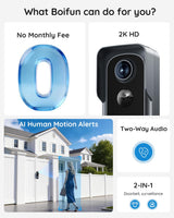 BOIFUN Video Doorbell Camera Wireless – No Subscription Required, 2K HD, 166° Wide View, HDR Night Vision, Motion Alerts, Two‑Way Audio & Battery Video Doorbell with Chime, 2.4 GHz Wi‑Fi Only