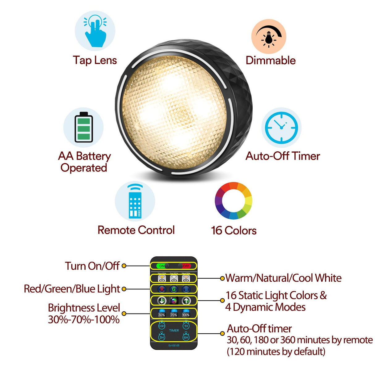 TECOMLIGHT LED Puck Lights with Remote Control, Battery Operated Wireless Closet Light, Under Cabinet Lighting Stick on Tap Push Lights, Color Changing Under Counter Light for Kitchen, 6 Pack - Black