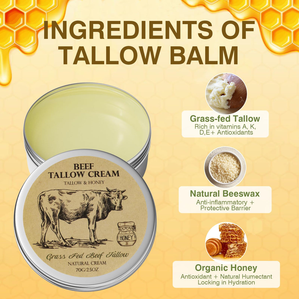 MROUVIK Beef Tallow for Skin, Tallow and Honey Balm,Tallow Face Moisturizer, Natural Grass-Fed Beef Tallow Balm with Raw Honey Moisturizing Cream for Body Lotion Skin Care