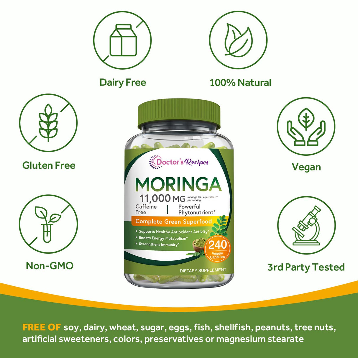 Doctor's Recipes Moringa 11,000 mg Strength, Complete Green Superfood, Natural Antioxidant Support, Non-GMO, 240 Vegan Caps, No Caffeine Soy Gluten