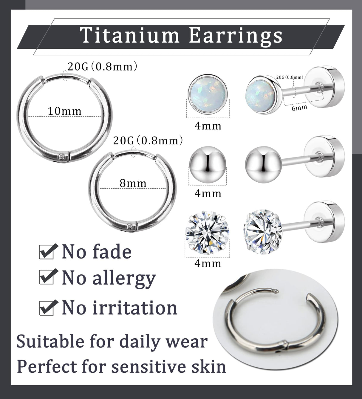 MJust G23 Titanium Earrings Set – Hypoallergenic Flat Back Studs & Hoops