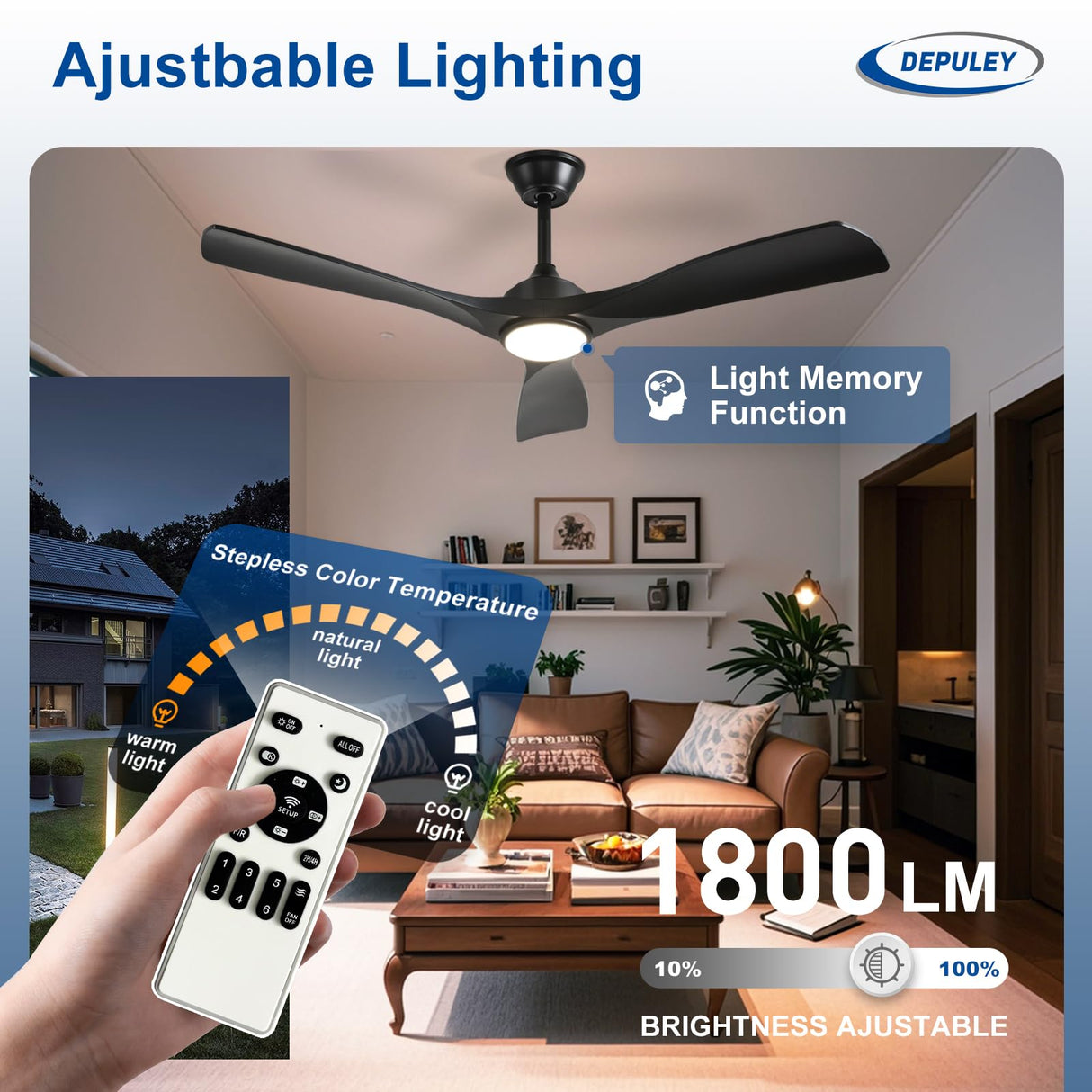 Depuley 52-Inch Ceiling Fan with Light: Black 3 Blade Outdoor Fans for Patios - Dimmable Indoor Fan with Remote Control Living Room Fandelier Ceiling Fans Ultra Quiet DC Motor Reversible 6 Speed Timer