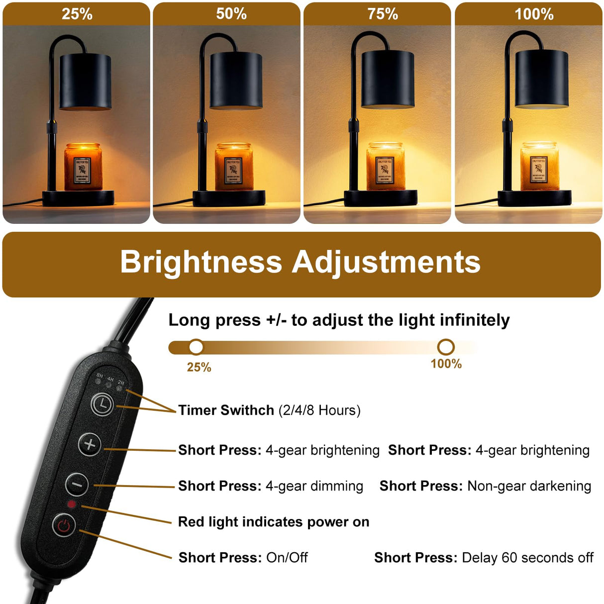 Briever Dimmable Candle Warmer Lamp with Timer, Height Adjustable Electric Candle Wax Warmer, Christmas Birthday Gifts for Women Mom, House Warming Gifts New Home Room Decor, Black Solid Wood Base