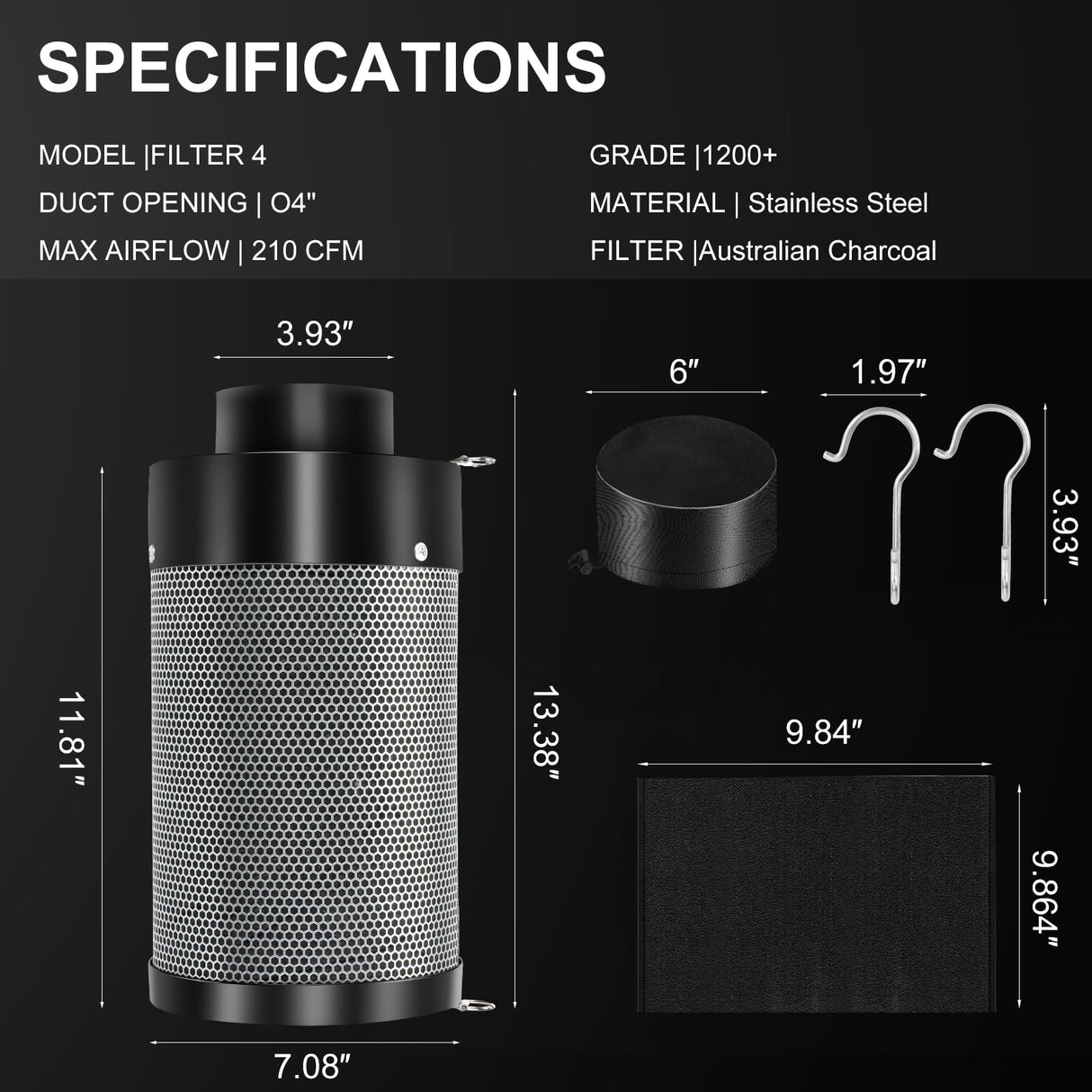 ATOUR 4 Inch Air Carbon Filter with Australian Virgin Charcoal – Odor Control. Built-in 5.5" Quiet Fan with Speed Control, for Inline Duct Fans & Grow Tents. Includes Vent Cover + Pre-Filter 4"x13.4"