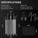 ATOUR 4 Inch Air Carbon Filter with Australian Virgin Charcoal – Odor Control. Built-in 5.5" Quiet Fan with Speed Control, for Inline Duct Fans & Grow Tents. Includes Vent Cover + Pre-Filter 4"x13.4"