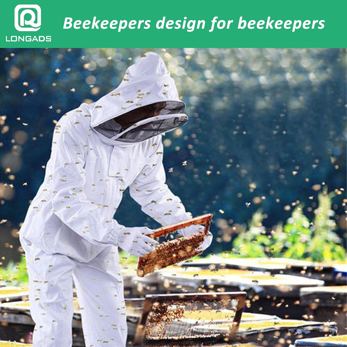 LONGADS Professional Bee Suit for Men Women, Beekeeping Suit Beekeeper Suit with Glove &Ventilated Hood, Multi-Size Bee Outfit for Backyard and Bee Keeper for Bee Keeper Catcher Christmas Costume