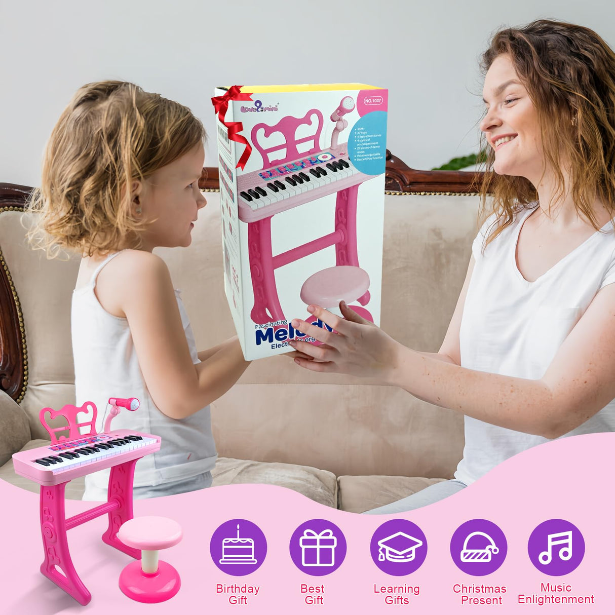 Love&Mini Kids Keyboard Toys for Girls - 37 Keys Pianos Toy with Stool and Microphone Pink Electronic Musical Instrument, Christmas Birthday Gift for Kids 3 4 5 6 7 8 Years Old Boy and Girl
