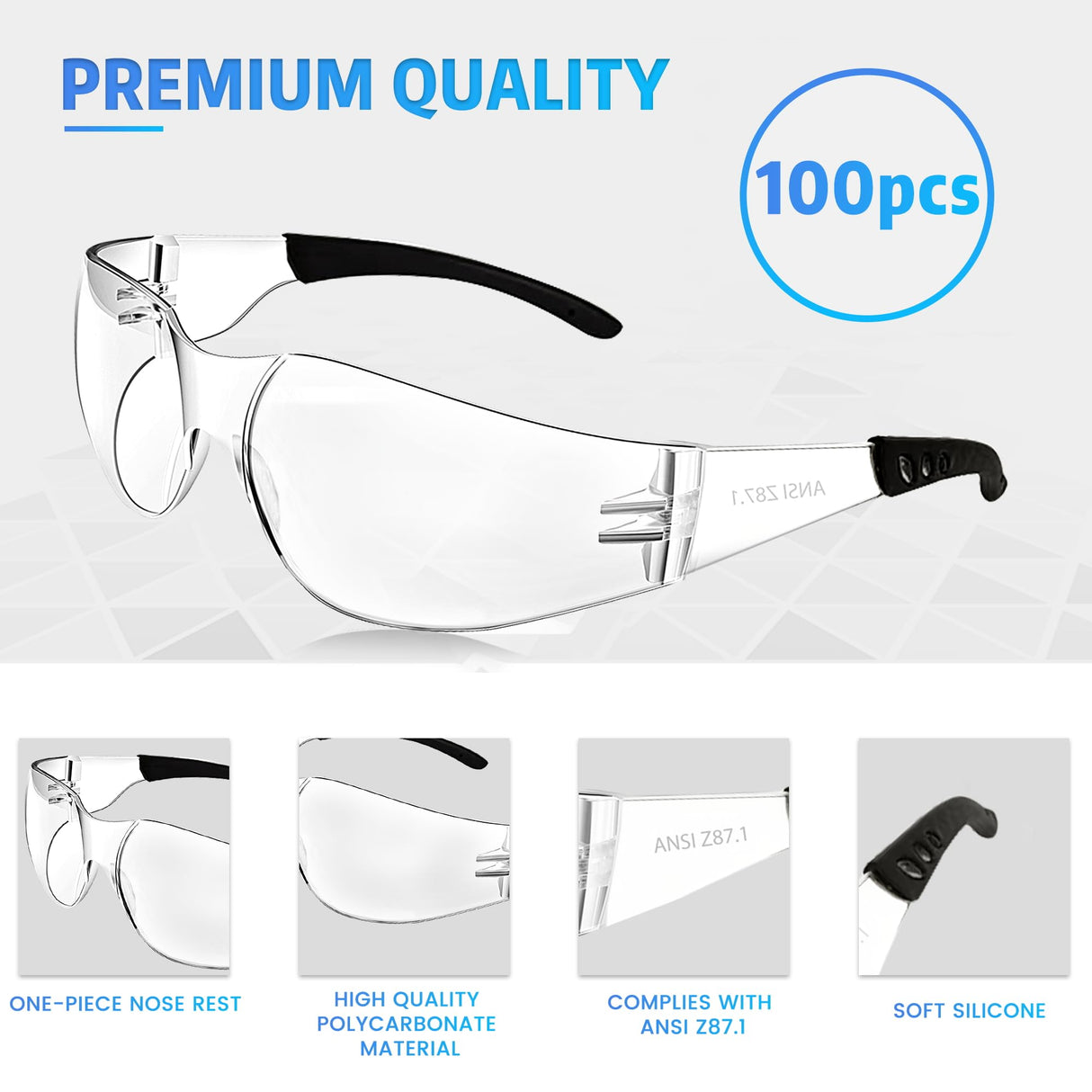 Salfboy Clear Safety Glasses Bulk of 100 Ansi Z87.1 Certified for Scratch Impact Resistant Lens Protective Eyewear for Work, Lab, Construction