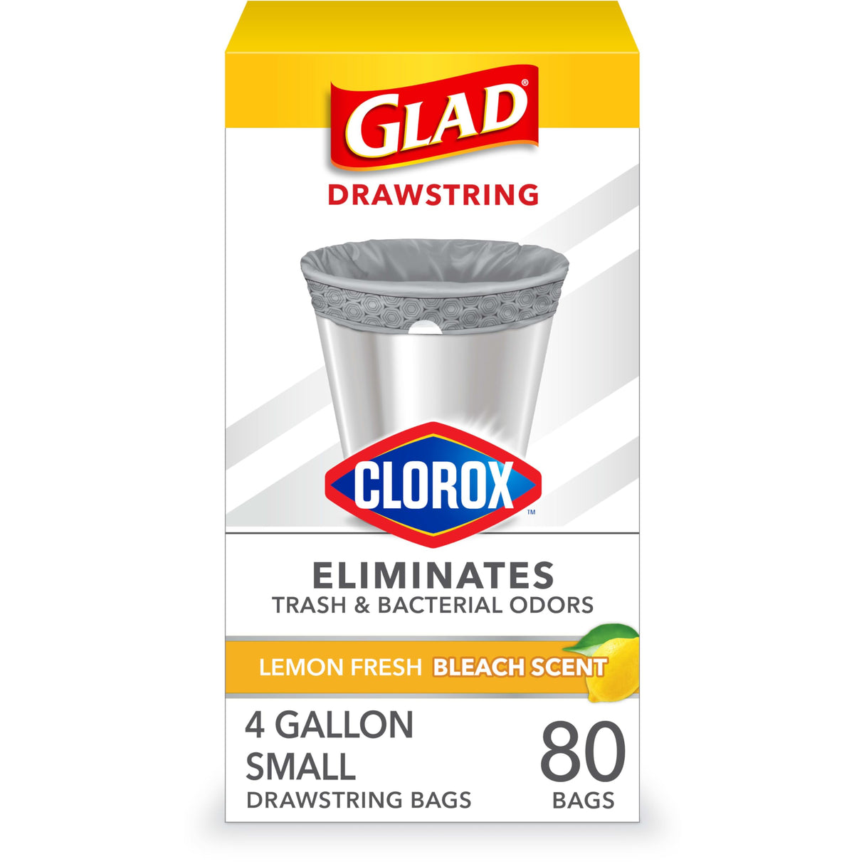 Glad Small Trash Bags 4 Gallon, Lemon Fresh Bleach Garbage Bags, Odor Resistant with Drawstring, 80 Count